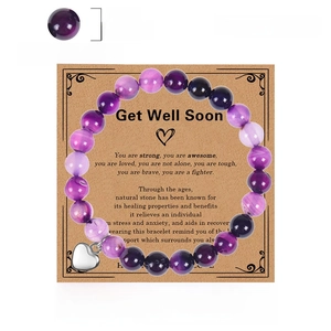 8mm purple striped agate beaded bracelet with silver heart charm on Get Well Soon card