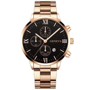Détail du cadran de montre or rose avec fond noir et fenêtre d'affichage de la date