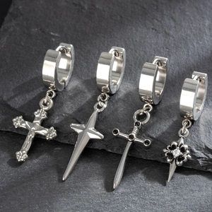 Titanium Steel Hoop Dangle Earrings Gothic Punk Cross Star Sword Jewelry With Zircon For Men And Women Trendy