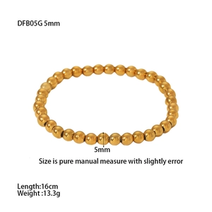 Detail view of 5mm gold stainless steel bead bracelet with 16cm length and weight specs