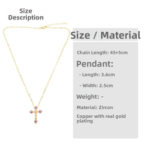 Detail view of a 45+5cm gold cross necklace with five purple marquise zircon stones