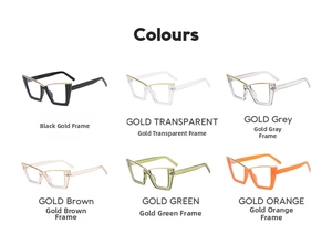 Detail view of cat eye eyewear frames in six color variants with elegant metal accents
