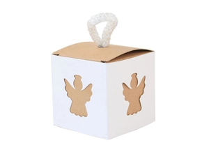 Detail of square kraft favor box featuring two angel-shaped cutouts and white rope handle