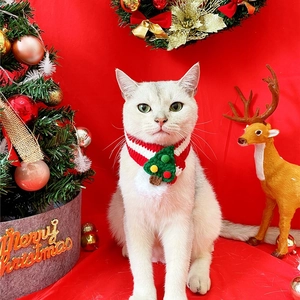 Close-up of knit pet Christmas scarf featuring a 3D green tree on festive red background