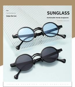 Detail of retro round frame sunglasses featuring wide teardrop temple tips and sleek design