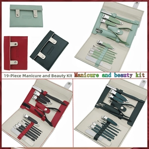 Detailed 19-piece stainless steel manicure set in green and red leather storage cases