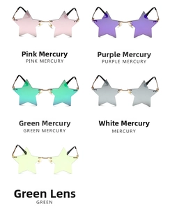 Detailed view of rimless star-shaped sunglasses in five vibrant colorful mirrored lenses