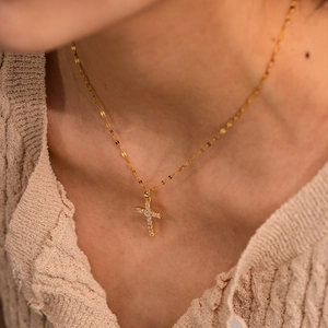 18K gold plated stainless steel cross pendant necklace with white zircon for women