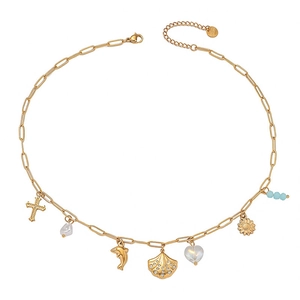Gold paperclip chain necklace with dolphin, pearl, shell, and heart charms on white background