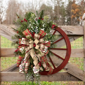 Christmas Wreath Swag Wooden Wagon Wheel Artificial Pine Needle Red Berries Burlap Plaid Bow Farmhouse Vintage Door Decor