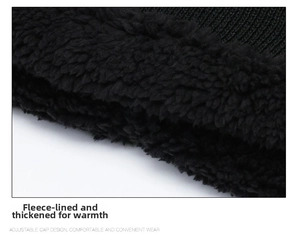 Detail view of the thick fleece lining and warm knitted texture on men winter beanie