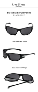 Trois angles de lunettes de soleil sport Y2K noires avec verres polarisés gris sur blanc