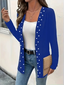 Elegant blue knit cardigan for women with pearl beading trim for a stylish commute outfit