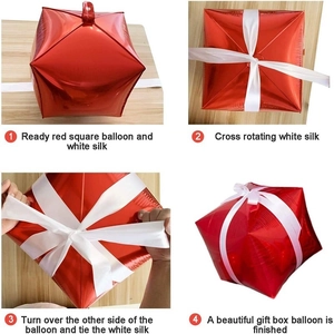 Step-by-step guide to assembling red square foil balloons with white ribbons for gift shapes