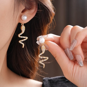 Elegant 14K gold plated snake pearl earrings with pavé cubic zirconia for women