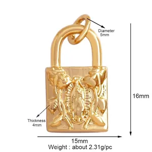 Detailed view of micro-inlaid gold padlock pendant with Virgin Mary relief and dimensions