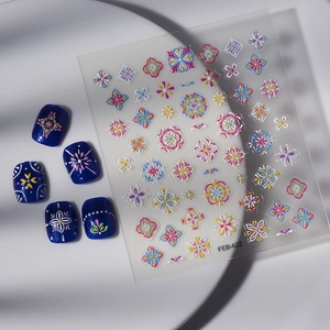 Bohemian 5D embossed floral nail art stickers FEB-632 with multi-color 3D flower designs