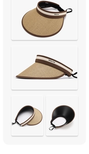 Detail view of woven straw sun visor featuring two-tone design and adjustable elastic strap