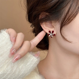 Winter vintage flocked flower earrings with silver needle and sparkling zircon accents