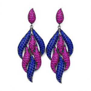 Vintage tiered leaf drop earrings with pink and blue pavé crystals in gunmetal finish