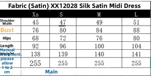Detailed size chart for satin midi dress showing shoulder, bust and waist measurements