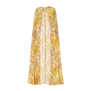 Ethnic yellow abstract print long beach cover-up with tassel details and arm slits
