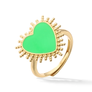 French sunburst heart open ring in gold finish with vibrant green enamel center