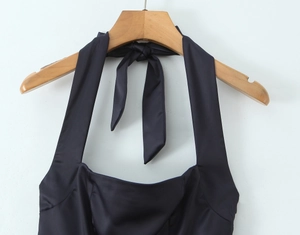 Détail du licou noir sur une robe satinée montrant la texture lisse du tissu