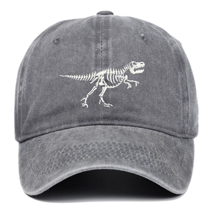 Dark grey washed cotton baseball cap with white T-Rex dinosaur skeleton embroidery