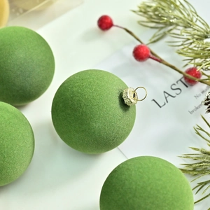 6cm macaron green flocked Christmas balls with gold hanging loops for tree decor