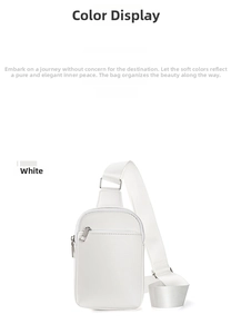 Macro detail of white lychee pattern leather chest bag with silver metal zippers