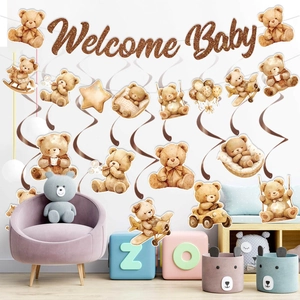 Kit déco baby shower ourson avec bannière Welcome Baby et suspensions spirales