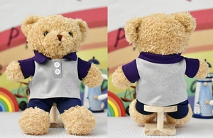 Front and back views of a cute teddy bear plush toy wearing a grey and purple polo outfit.
