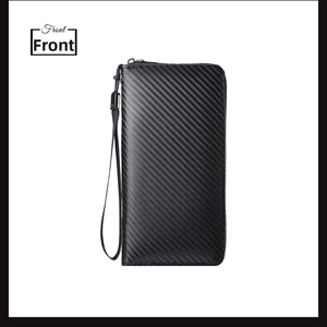 Front view of men's carbon fiber texture long wallet with RFID protection and wrist strap