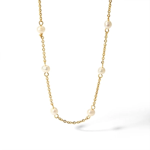 Detail of gold titanium steel necklace with irregular baroque pearls on white backdrop