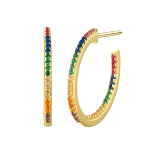 Classic 925 sterling silver hoop earrings with 14k gold plating and rainbow zircon stones