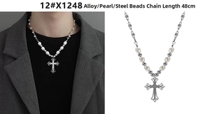 Detailed view of titanium steel cross pendant necklace with pearls and engraved metal beads