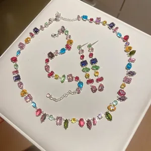 Luxury geometric silver jewelry set with colorful square zircon necklace and earrings