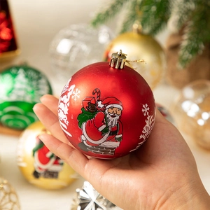 Red matte 8cm Christmas ball with Santa pattern and gold string for tree decor