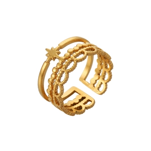 Detail of gold-plated multi-layer open ring featuring hollow beads and star motif