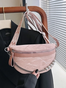 Women Waist Chest Bag PU Leather Crinkle Texture Artificial Pearl Chain Wide Geometric Strap Fashion Crossbody Purse For Daily