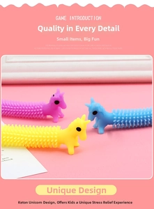 Detailed view of colorful unicorn TPR stretchy fidget toys in purple yellow and blue