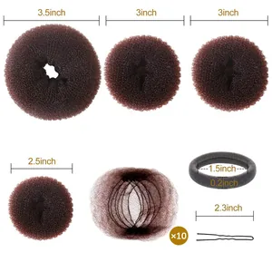 Detailed hair styling tool set including donut buns, elastics, and U-shaped pins with sizes