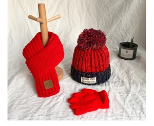 Three-piece winter knit set for kids featuring red pompom hat, scarf, and gloves on a rack