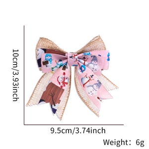Pink Christmas snowman ribbon bow with burlap base and size specifications in inches