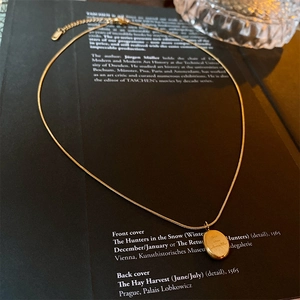Detailed view of gold oval pendant with brushed finish and lobster clasp on snake chain