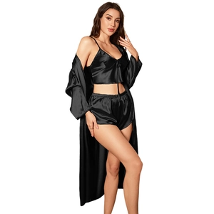Ensemble de pyjama 3 pièces en satin noir pour femme avec caraco, short et peignoir