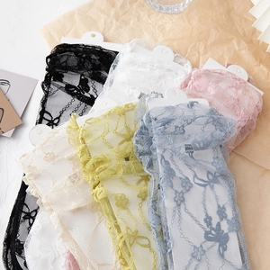 Detailed close-up of lace mesh socks in various colors with floral pattern and packaging