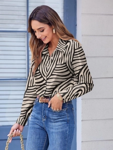 Women's zebra print long sleeve shirt with lapel collar and button-down casual style