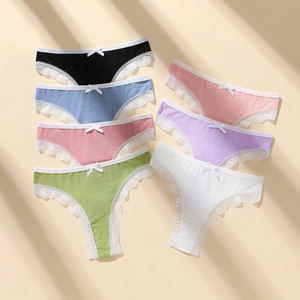 String Femme Taille Basse Culotte Côtelée Dentelle Sexy Sous-vêtements Avec Nœud Lingerie Polyester Respirante